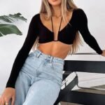 Top corto fruncido mujer | Sexy cuello en V con lazo frontal