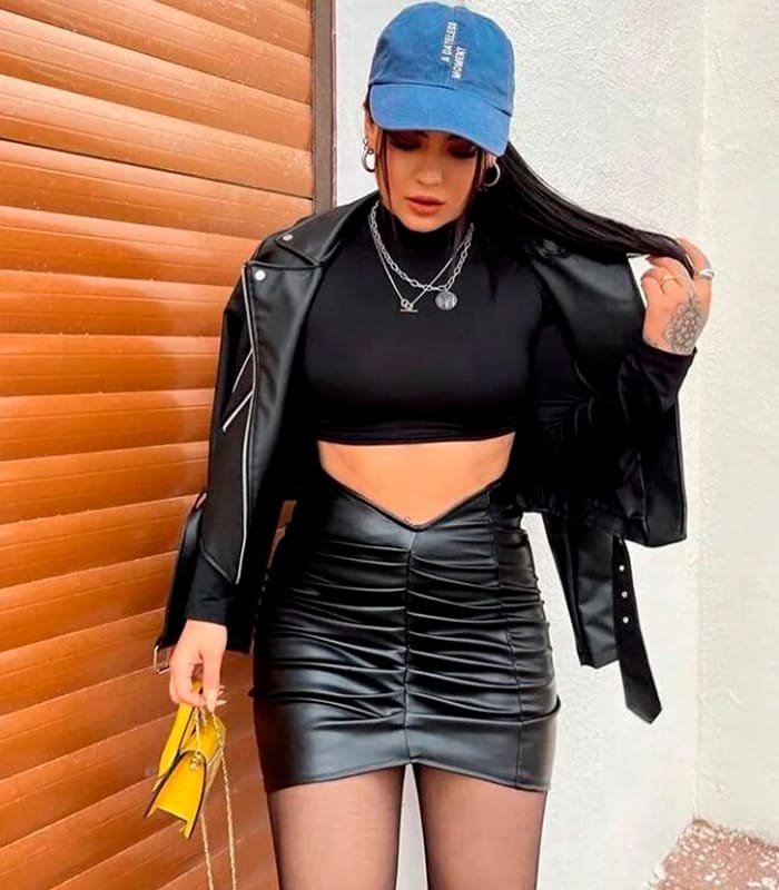 01_falda_de_cuero Falda piel sintética fruncida | Minifalda entallada de noche - Image 1