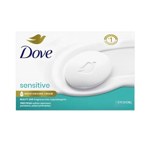 Jabón Dove Sensitive sin fragancia, ideal para piel sensible. Limpieza suave con hidratación en barra de 3.75 oz.