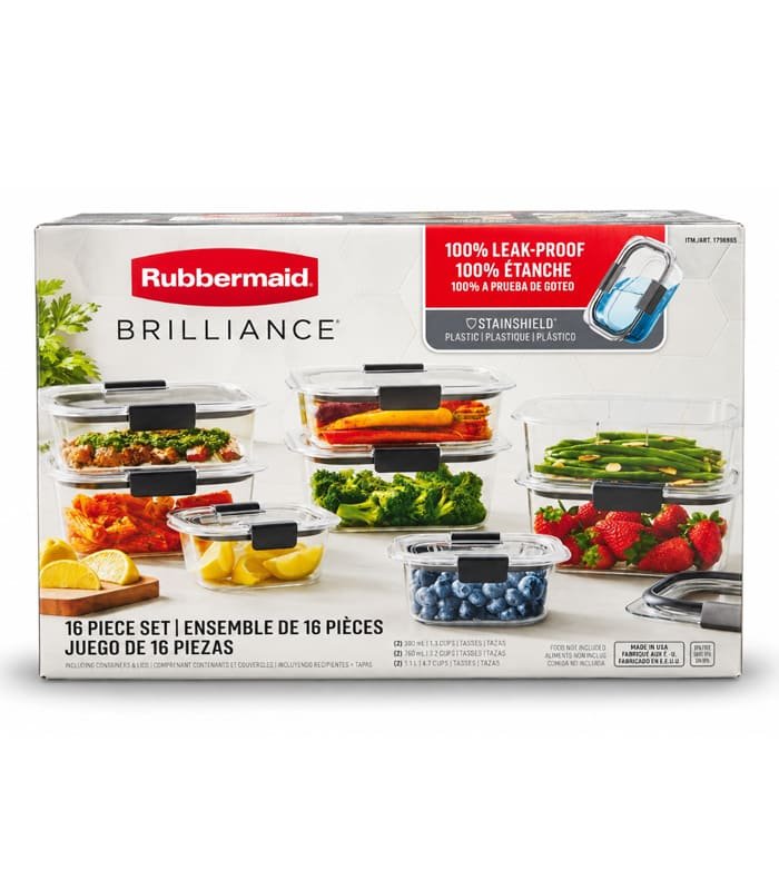 Rubbermaid posuelos 16 piezas Juego de 16 recipientes de plástico para alimentos Rubbermaid Brilliance StainShield - Imagen 1