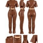 Conjunto de Mujer de 2 Piezas Efecto Cuero | Top Corto y Pantalón con Fruncido