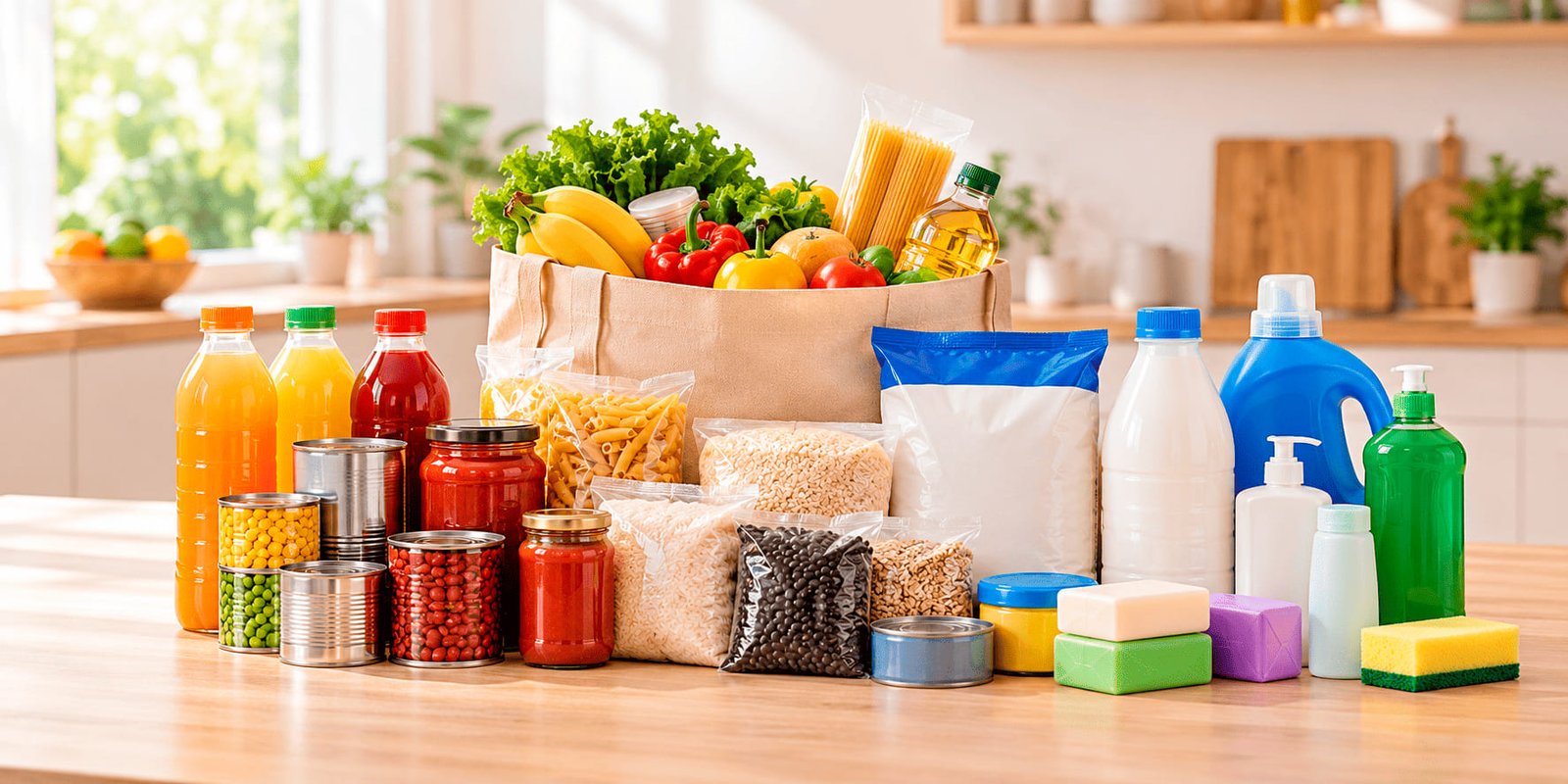 Una compra completa sobre la mesa de una cocina: comida, bebidas y productos de aseo