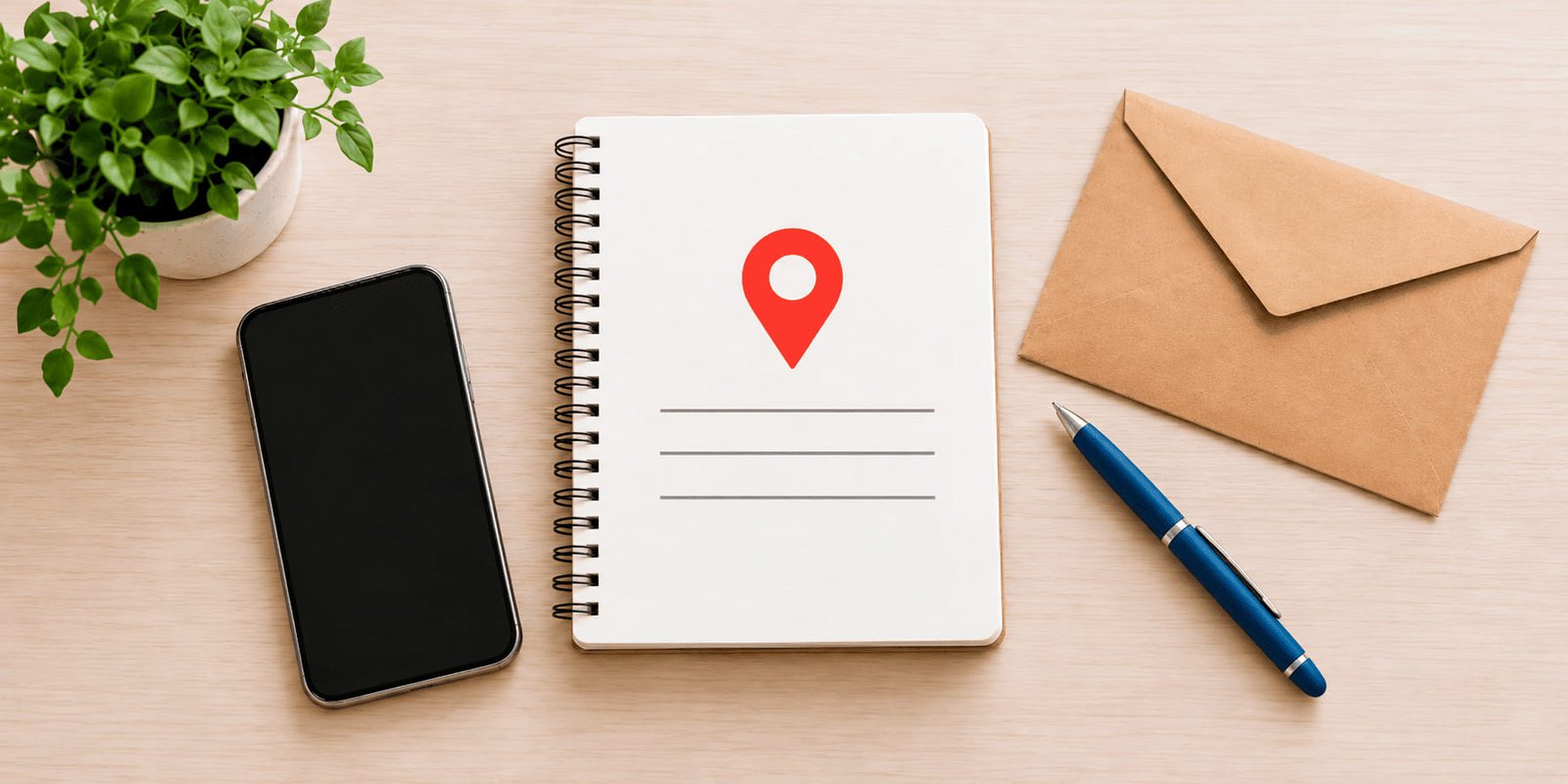 Un cuaderno para anotar la dirección, junto a un teléfono, un sobre y un bolígrafo
