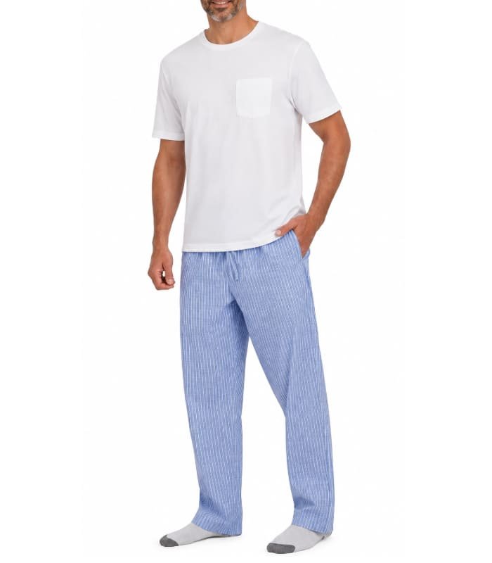 pijama de hombre Conjunto de 2 piezas de camiseta con bolsillo y pantalón de pijama de tejido plano para hombre, Talla XXL - Imagen 1